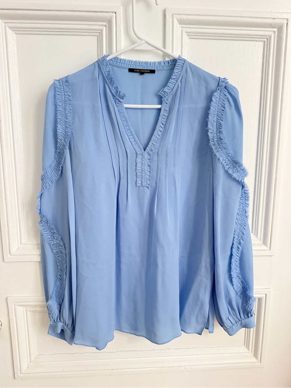 Saks Fifth Kobi Halperin Light Blue Ruffle-Trim 100% Silk Blouse